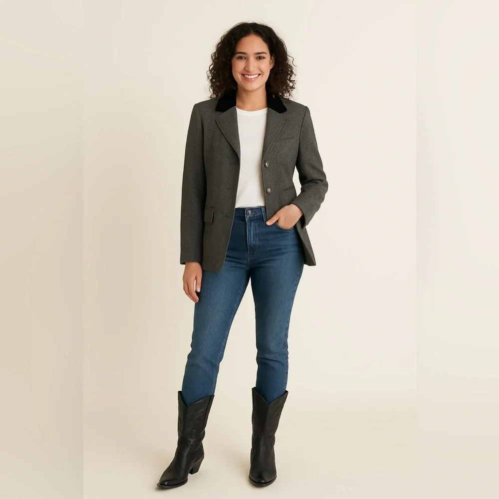 Lauren Ralph Lauren Equestrian Herringbone Wool blazer 10 gray preppy old money - Picture 2 of 13